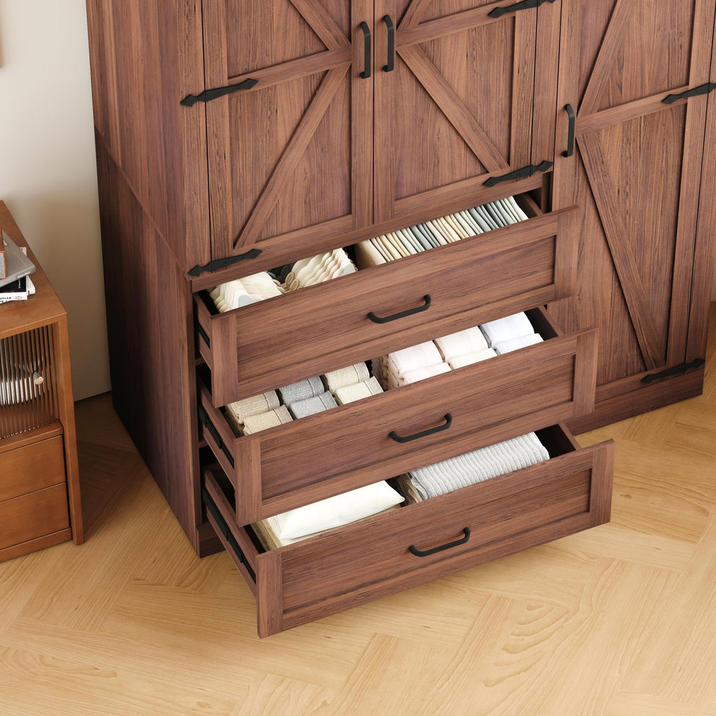 70" Tall Wardrobe Closet with 3 Doors & 3 Drawers, Farmhouse Armoire with Hanging Rod, Wooden Armoire Wardrobe Closet
