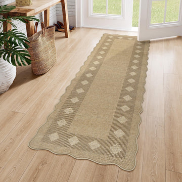 Scalloped Easy Jute Diamond Rug, Washable 2x6 Runner Tan Rugs, Geometric Checkered Indoor Outdoor Farmhouse Non