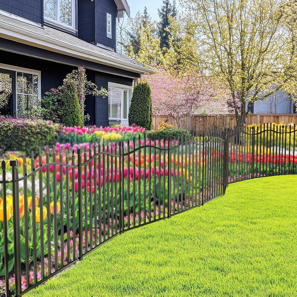 10 Panels No Dig Decorative Garden Fence with Gate - 32in H x 22.5ft L, Reinforced Square Tube Rustproof Tall Animal