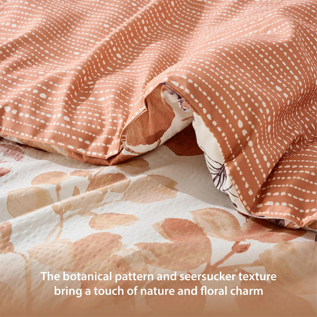 Lightweight Seersucker Botanical Comforter Set, 2 Pieces Reversible Design with Striped Print, Premium