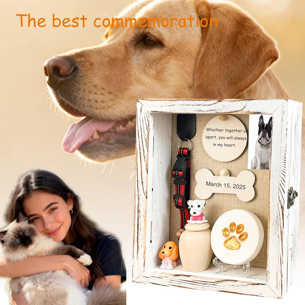 Solid Wood 8x10 Pet Memorial Shadow Box White Urn Ashes Display Case with Paw Print Kit Dog Memorial Keepsake Gift