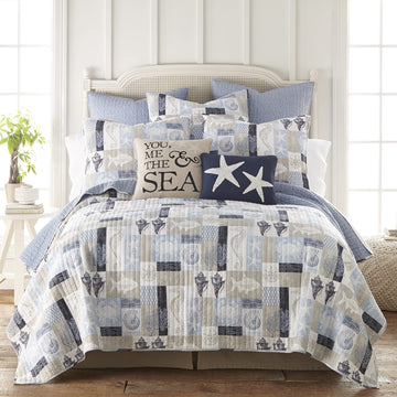 Cerralvo Twin/Twin XL Quilt Set - Coastal Patchwork - Taupe, Cream, Navy, and Blue - Quilt Size 68x86in. and One Sham