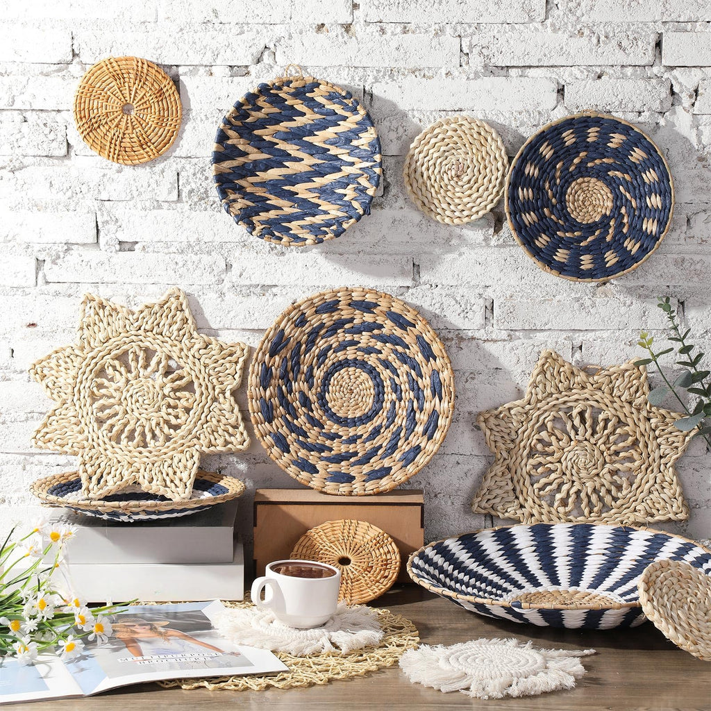 15 Pcs Boho Rattan Wall Baskets Hanging Decor, Blue Style