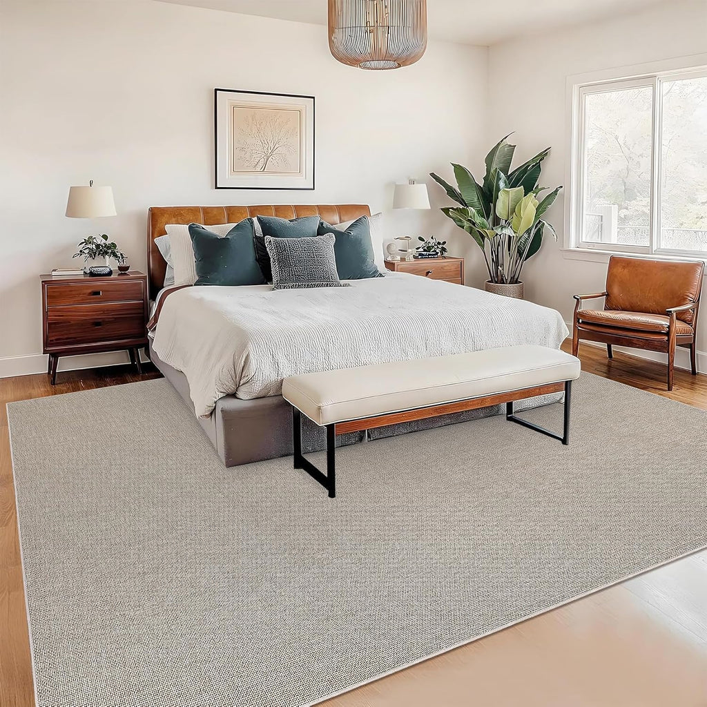 Solid Washable Rugs 8x10 Area Rug Solid Textured Rugs Bedroom, Non-Slip Low Pile Neutral Modern Woven Rug