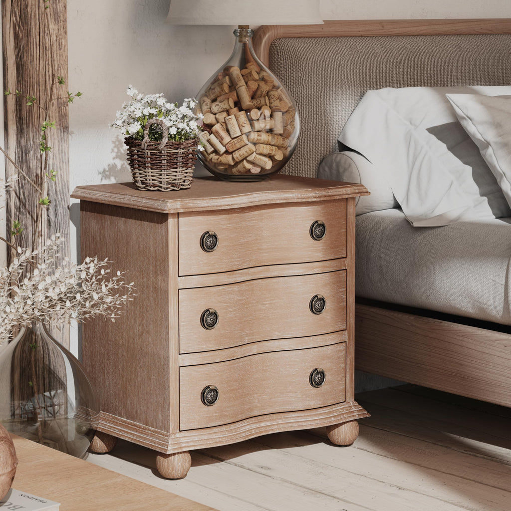 Rustic Farmhouse 3 Drawer Nightstand, Almost Fully Assembled, Brown