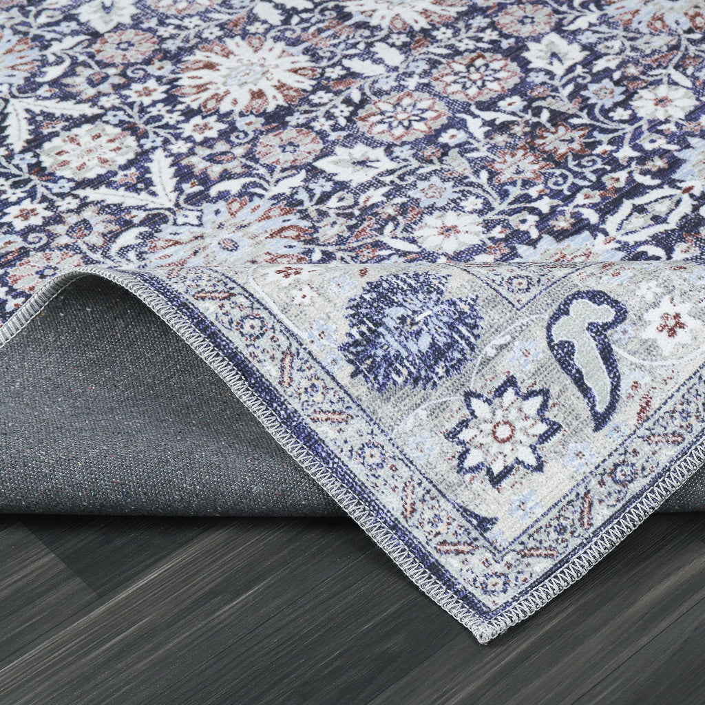 Machine Washable Area Rug Blue Thin Distressed Vintage Oriental Traditional Durable Easy to Clean Carpet Bedroom