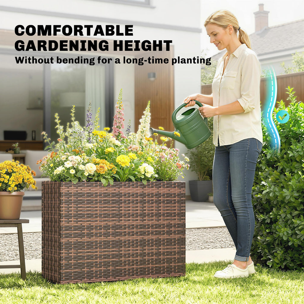 Tall Rectangular Planter with Removable Liner PE Wicker Brown