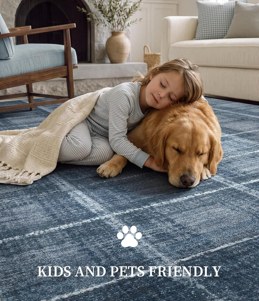 Blue Grey Distressed Plaid Area Rug