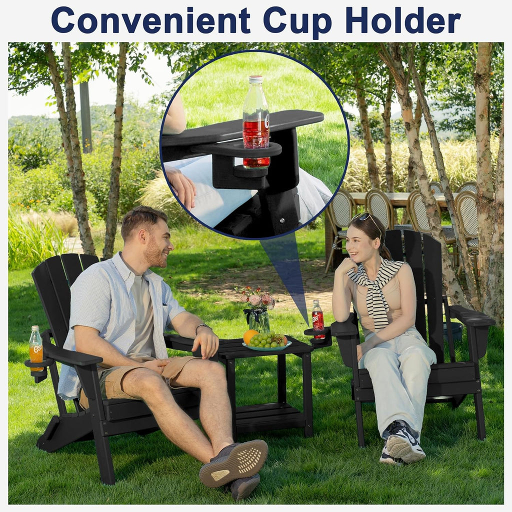 Folding Adirondack Chair Set of 4, Cup Holder,Wooden Textured ,Heavy All-Weather HDPE Comfortable Set Poolside