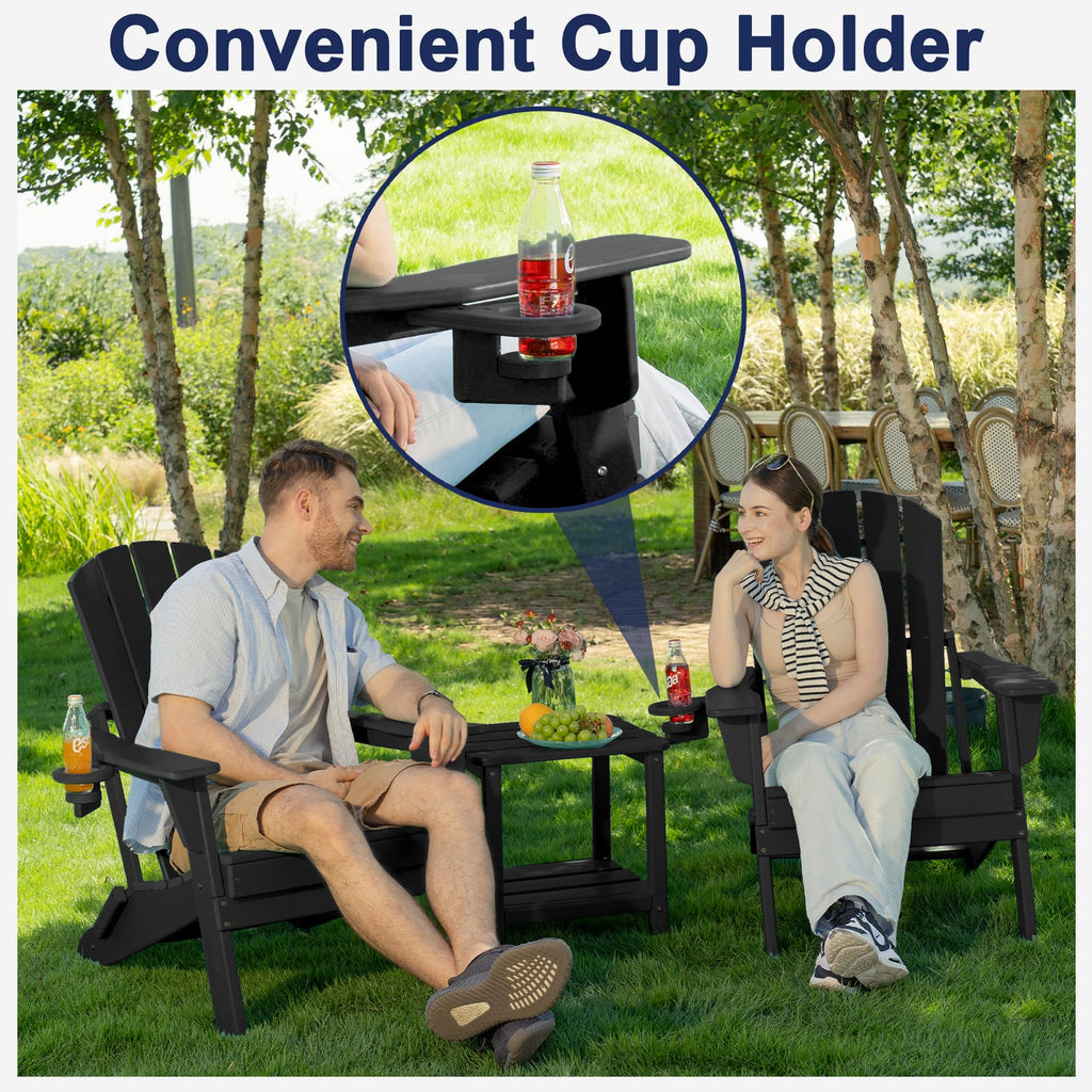 HDPE Folding Adirondack Chair Set of 3 with Cup Holder, Black