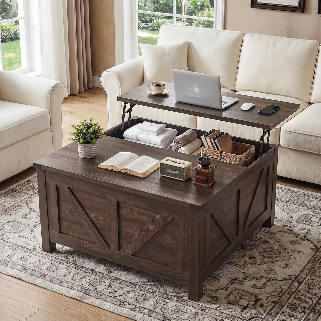 35" Farmhouse Coffee Table, Rustic Center Table with Lift Top