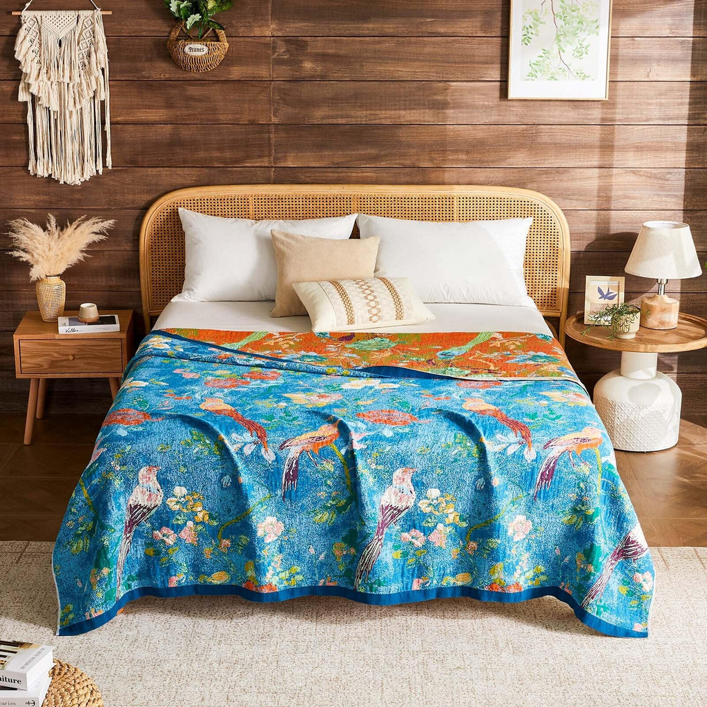 Boho Throw Blanket 100% Cotton Muslin Woven Blanket Bohemian Bed Throws Vintage Rustic Farmhouse Decor Reversible Bed