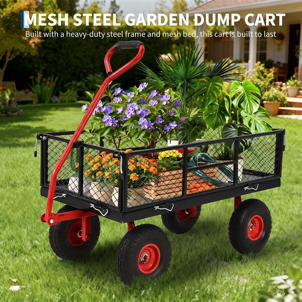900 LB Garden Cart, Heavy Duty Metal Utility Garden Wagon Cart. Red | 13 in All Terrain Tires, 4-in-1 Yard Wagon Cart