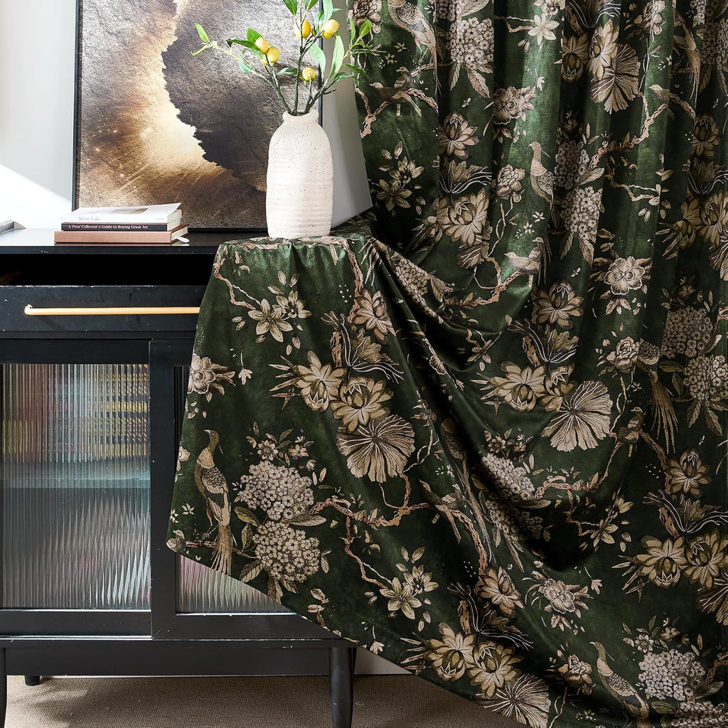 Green Printed Velvet Curtains,Retro Luxury Floral Peacock Pattern Super Soft Durable Fabric Room Darkening Privacy