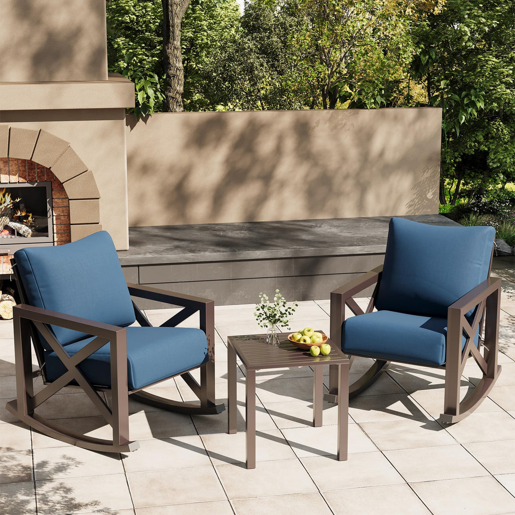 Rocking Chair Outdoor Oversized Metal Bistro Set 6.5" Cushion Navy