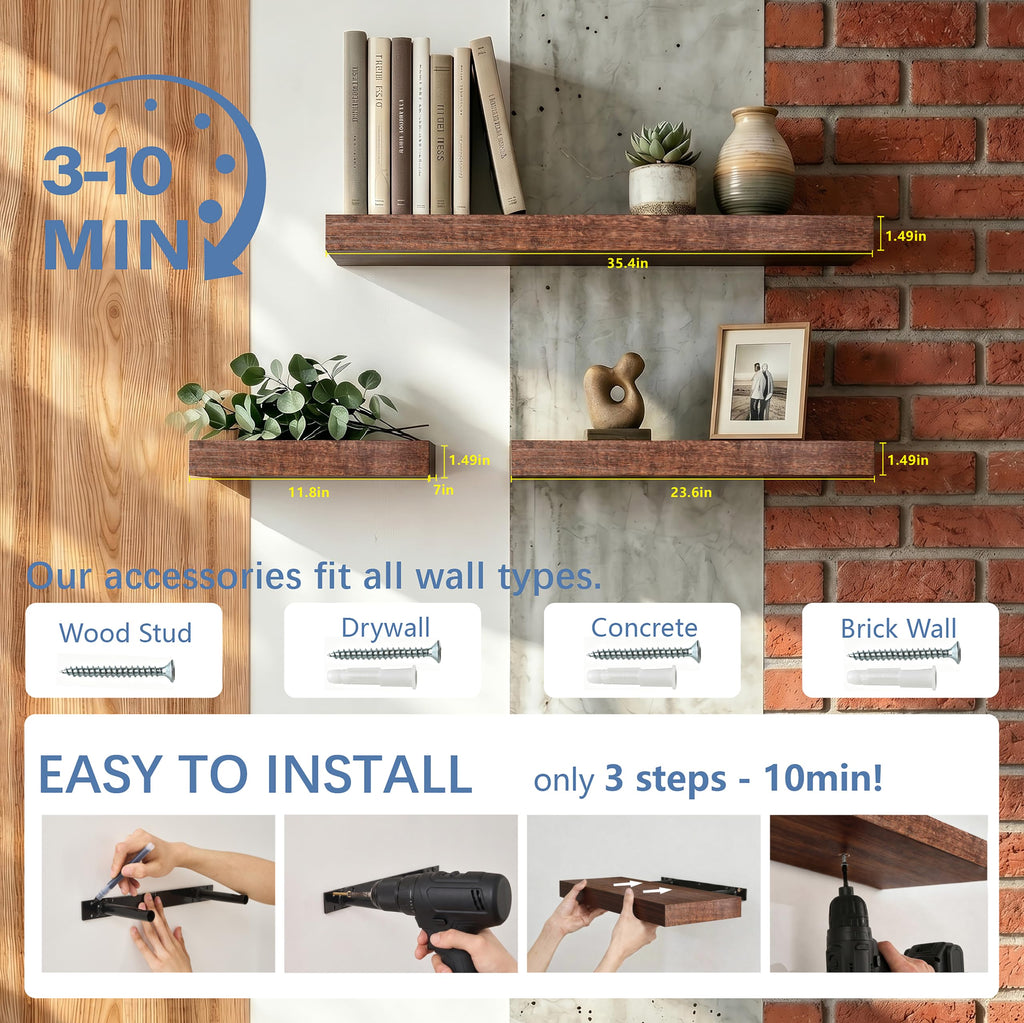 Walnut Floating Shelves for Wall, 12 Inch Wooden Shelves Set of 4