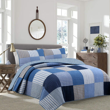 Line Home Fashions Navy Blue Brown Tan Plaid Striped 100% Cotton Reversible Quilt Bedding Set, All-Season Coverlet