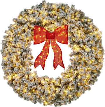 48-Inch Pre-Lit Flocked Artificial Christmas Wreath with Red Bow & Warm White LED Lights - Weather-Resistant PVC