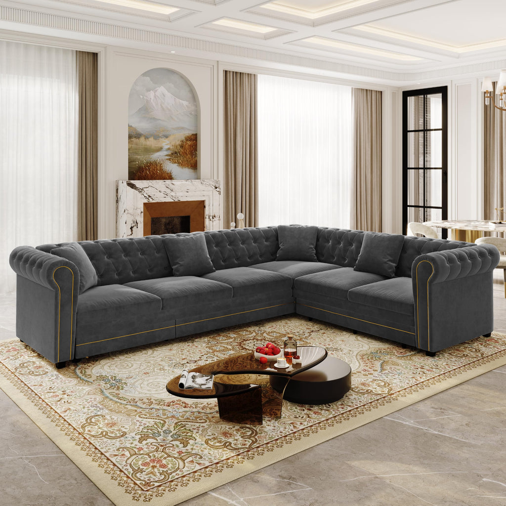 115.3" Sectional Sleeper Sofa with Pull Out Bed, Oversized Comfy Button-Tufted Velvet L Shaped Convertible Sleeper
