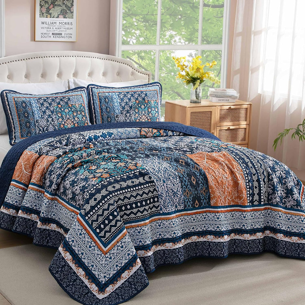 Navy Blue Quilt Set Queen,Bohemian Patchwork Bedspread Coverlet Set, Reversible Farmhouse Floral Pattern Bedspreads