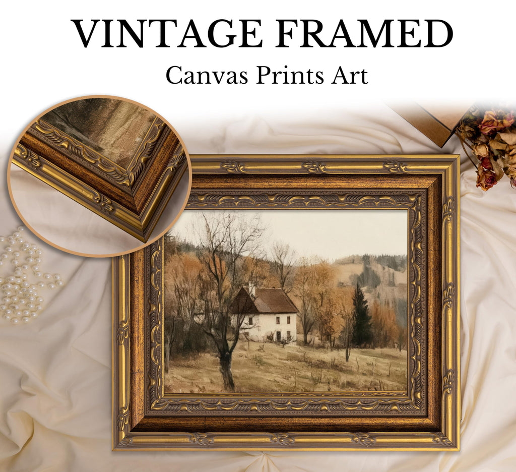Vintage Gold Framed Autumn Country Cottage Wall Art, Rustic Farmhouse Landscape Canvas Prints, Retro Fall Cabin