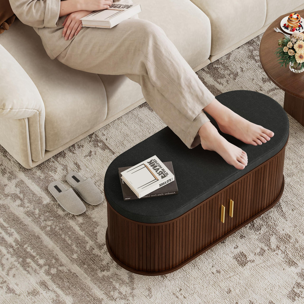 2-Tier Storage Bench, Wide Shoe Bench with Thickened Padded Seat Cushion, Mid Century Modern Fluted Sliding Door and