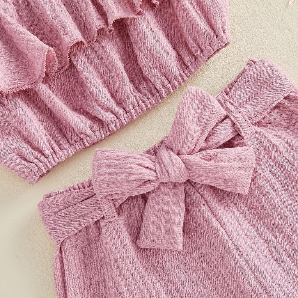 Baby Girl Summer Clothes Toddler Outfit Linen Short Sleeve Ruffle Shirt Crop Top and Belted Shorts 2 Piece Set