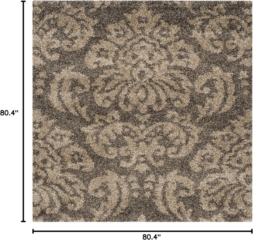 Florida Shag Collection Area Rug - 6'7" Square, Smoke & Beige, Damask Design, Non-Shedding & Easy Care, 1.2-inch