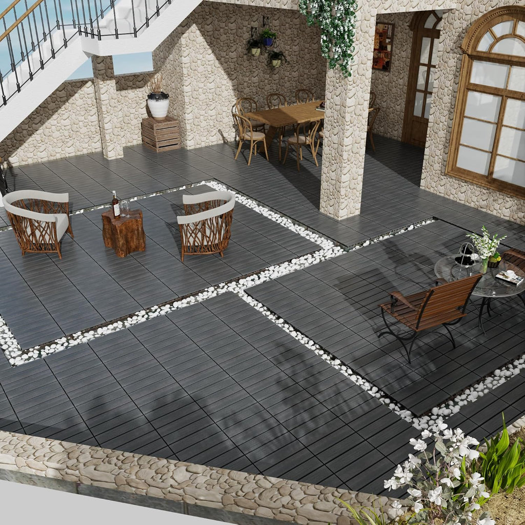 Wood Plastic Composite Interlocking Patio Deck Tiles, 22 Pack 12"x12" Premium Waterproof Porch Decking Tiles, All