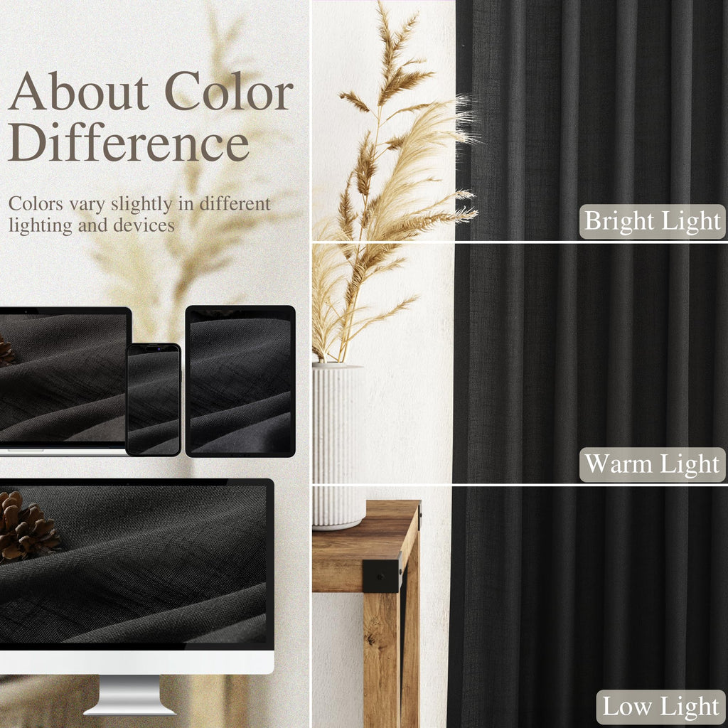 Extra Wide 100 Inch Linen Curtains Divider Light Filtering Semi Sheer Back Tab Patio Curtains for Sliding Door Black