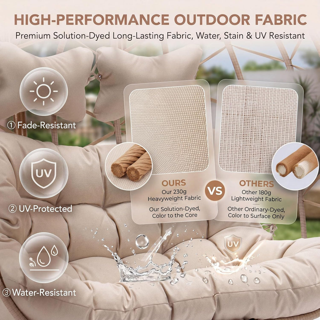 Double Egg Chair Outdoor Indoor, Oversized 2 Person Swing with Stand, All-Weather Large Wicker Hanging Loveseat