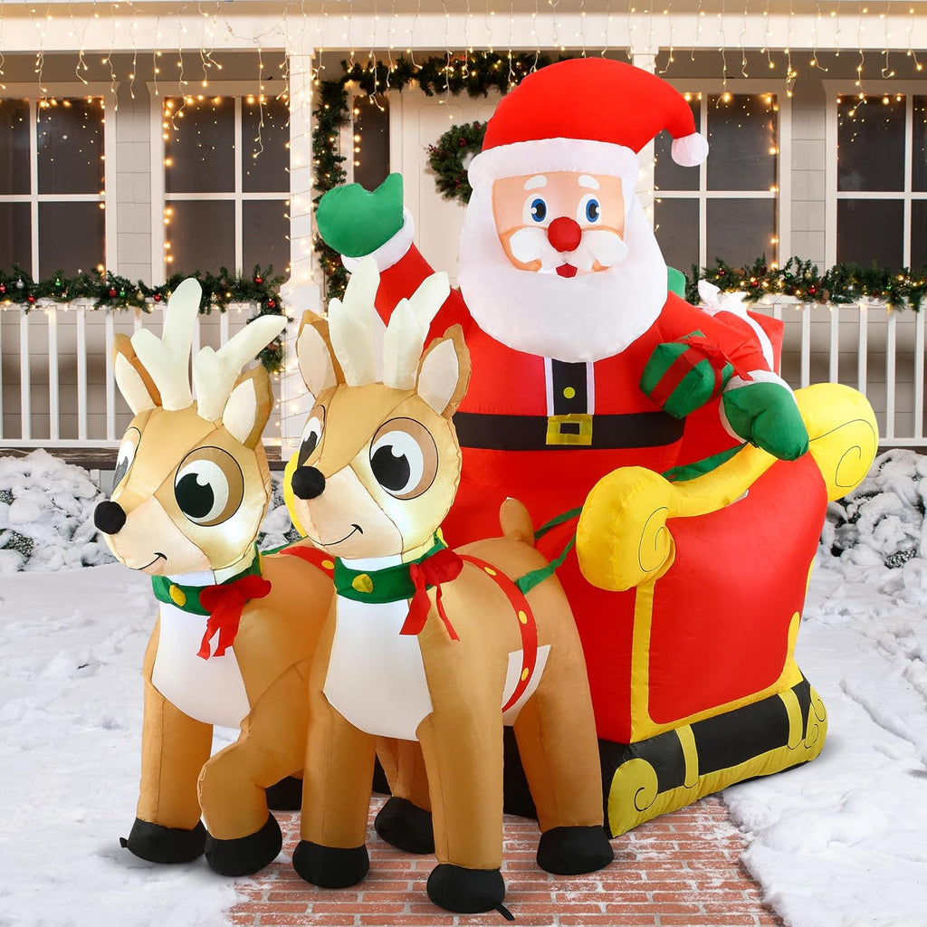 6 FT Long Christmas Inflatable Santa on Sleigh with 2 Reindeer, Inflatable Christmas Yard Decorations with Build-in