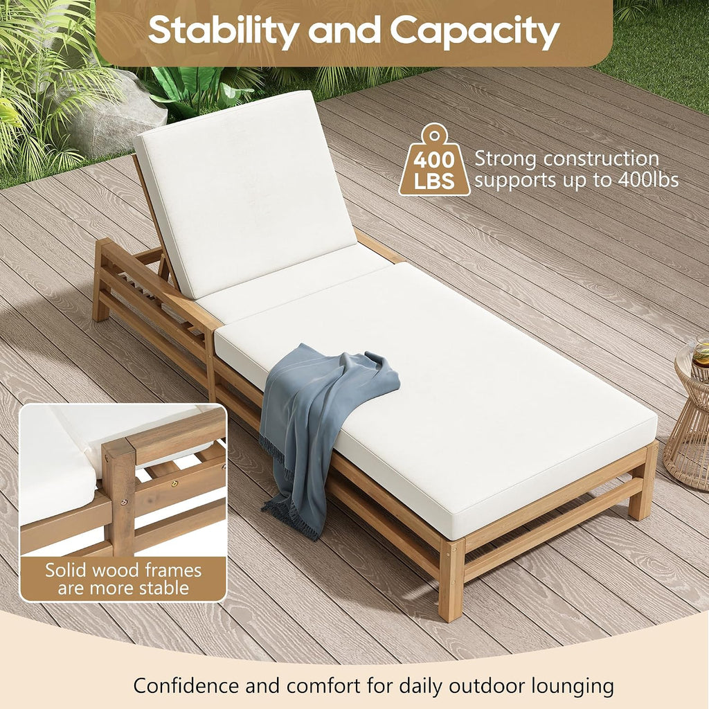 Outdoor Chaise Lounge Chairs Set of 2, Solid Wood Patio 5-Position Adjustable Recliner Chair with Thick Cushions