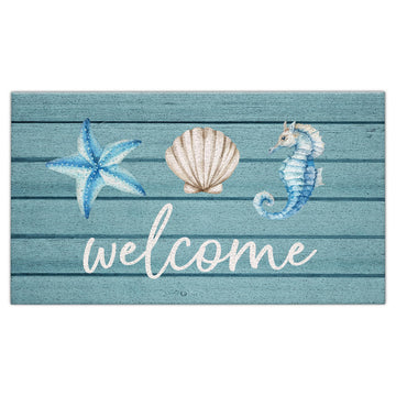 Beach Welcome Mat for Front Door, Beach Door Mat, Starfish Seashell Seahorse Beachy Door Mats Indoor Outdoor Entrance