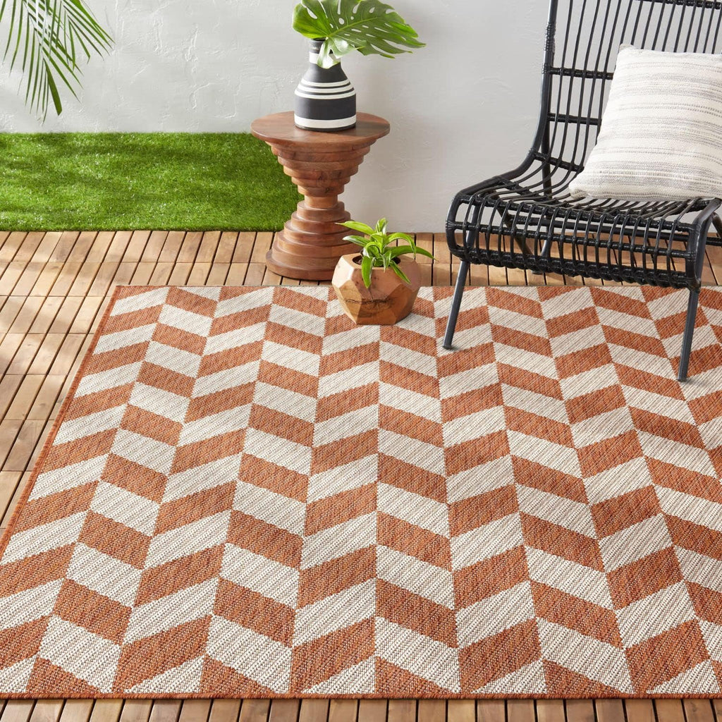 Patio Country Calla Contemporary Herringbone Indoor/Outdoor Area Rug, Orange/Ivory , 5'2"x7'2"