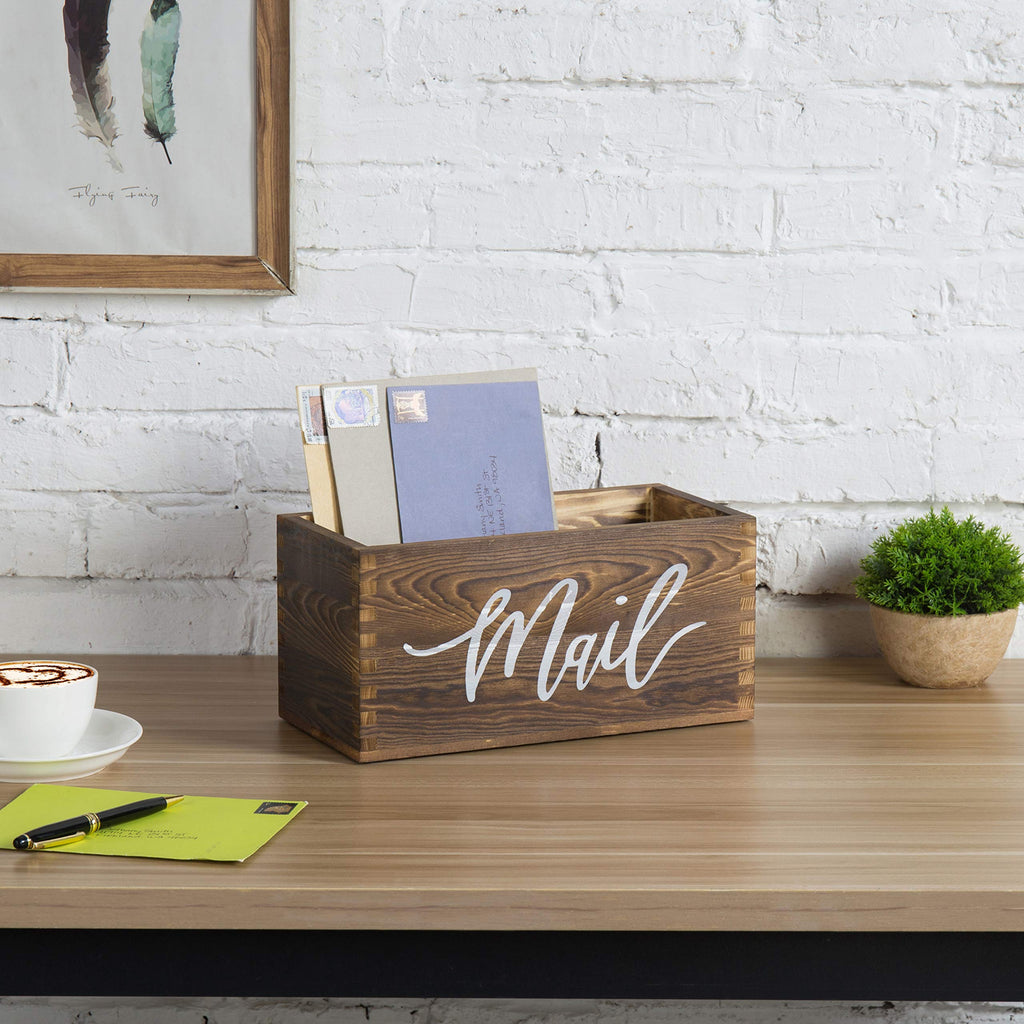 Rustic Brown Wood Mail Holder, Desktop Organizer with MAIL Design