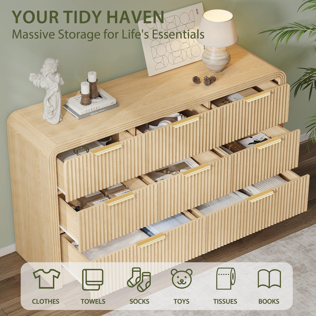 55" W Fluted 8-Drawer Dresser, Natural Oak