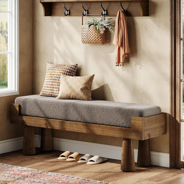 Upholstered Entryway Bench, Shoe Bench with Solid Wood Legs | Bedroom Bench with Cushion, Padded Seat End of Bed