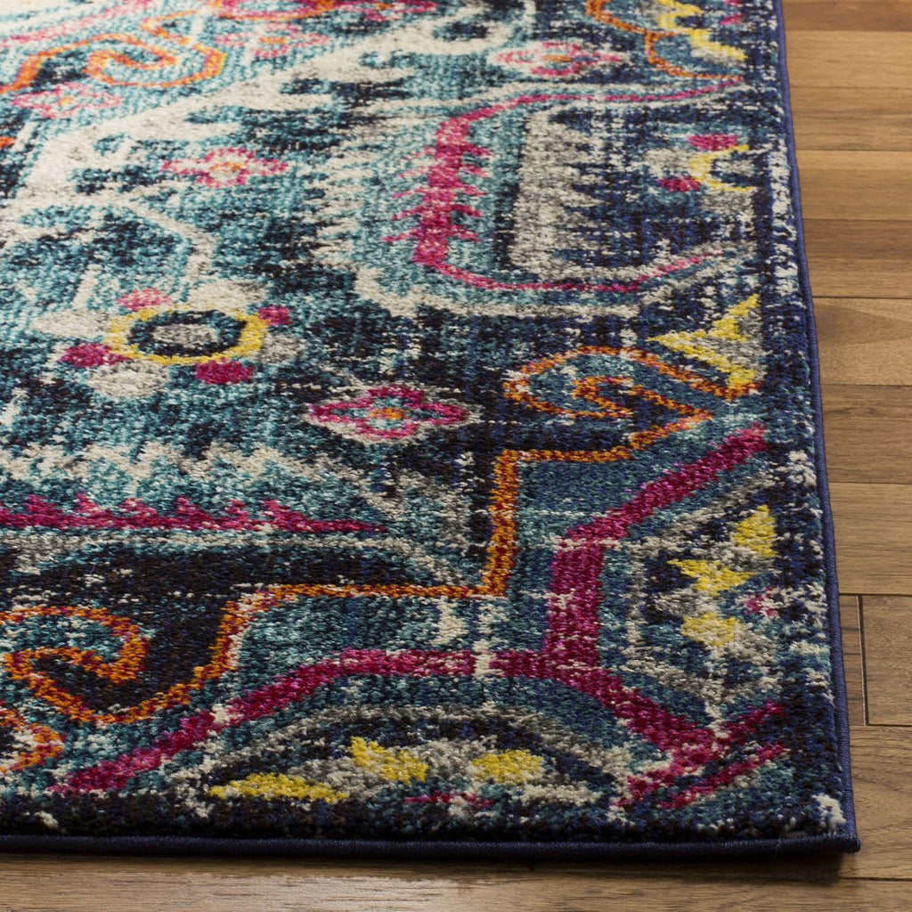 Monaco Collection Area Rug, Blue & Fuchsia, Boho Chic Medallion Distressed Design, Non-Shedding & Easy