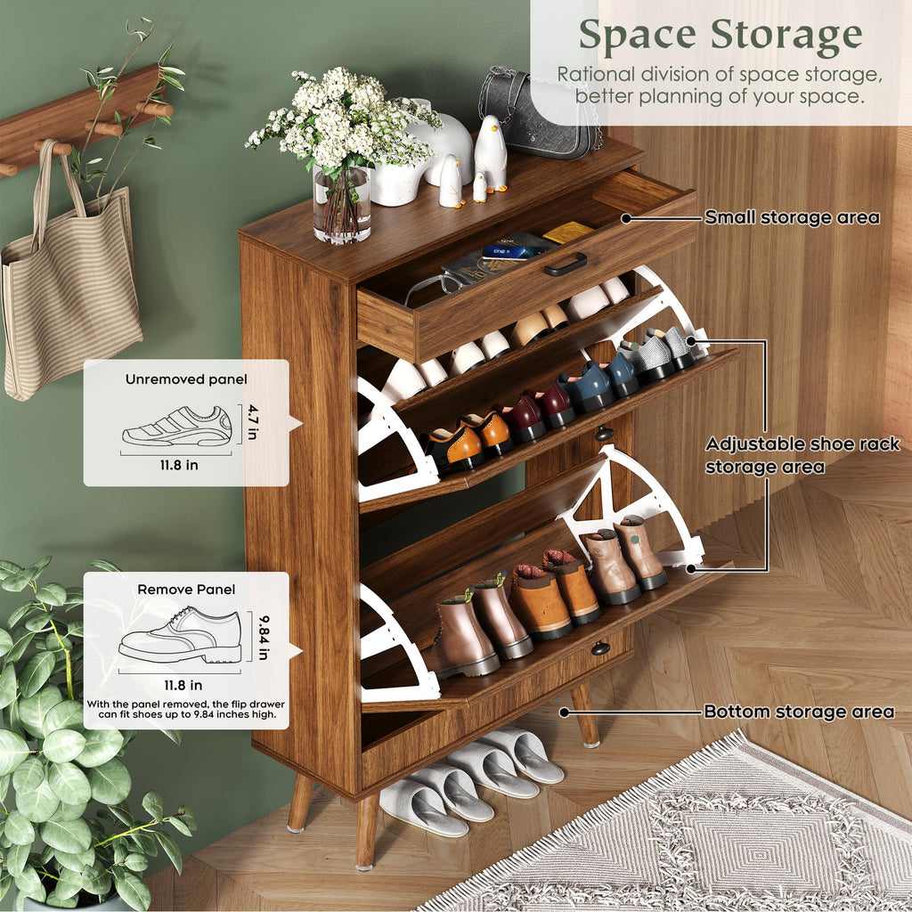 Shoe Rack Storage Organizer with 2 Natural Semi-Circular Rattan Doors, Entryway Wooden Shoe Cabinet for Sneakers