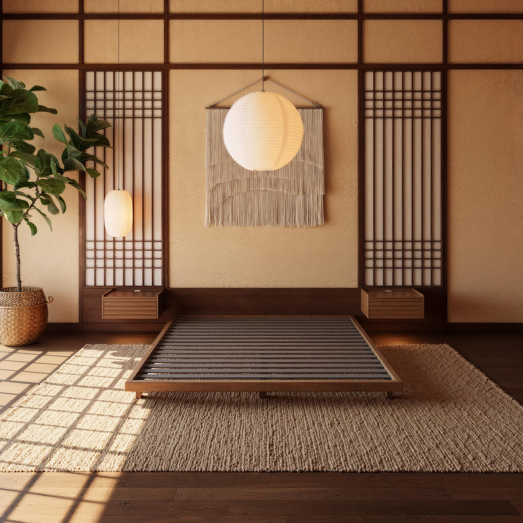 Japanese Style Queen Floor Bed Frame, 6.3" Low Profile Tatami Platform Bed with Carbon Steel Slats & Wood-Finished