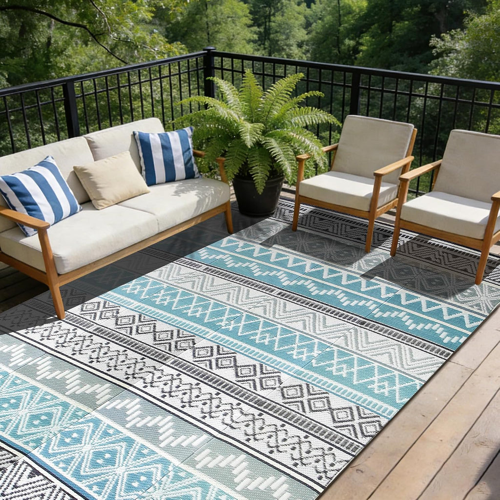 Outdoor Rug, Plastic Rug, Blue & Grey