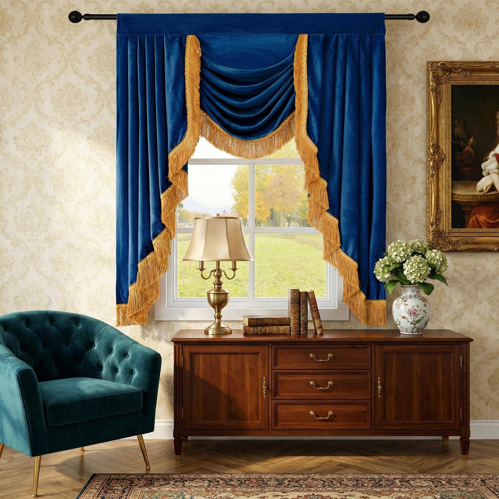 Velvet Valance Curtains, Soft Luxury Waterfall Valance with Gold Tassel Fringe Windows Royal Blue Victorian Style
