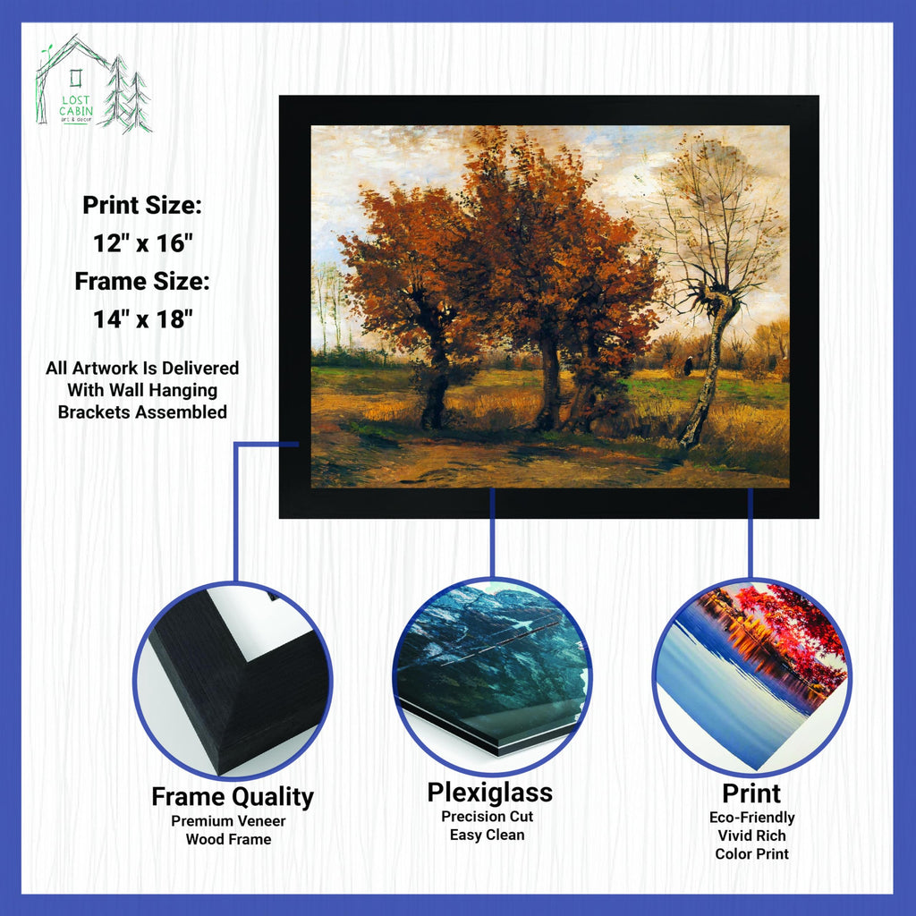 Cabin Autumn Landscape with Four Trees by Vincent Van Gogh | Print in Black Flat Frame | Fine Artwork Painting