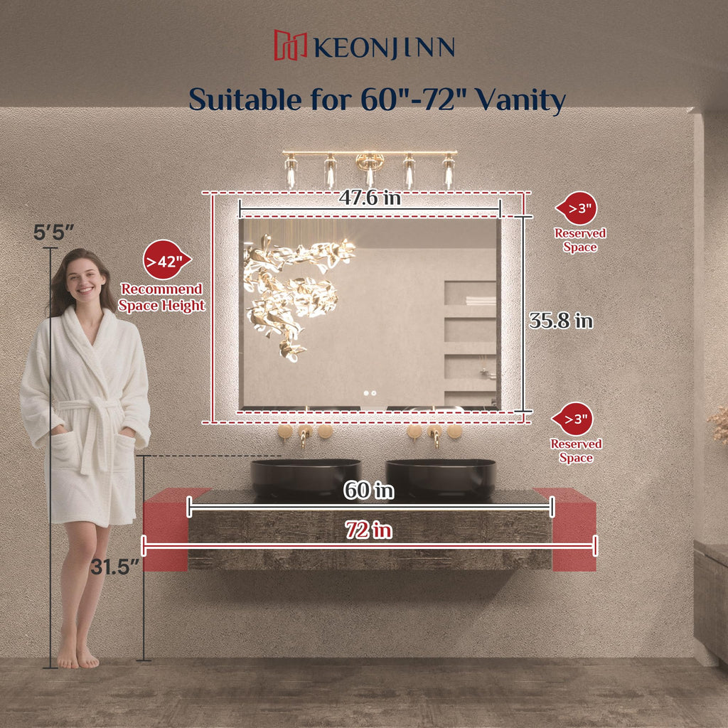 48"x36" Large Backlit Mirror Bathroom, Tempered Glass Beveled Edge