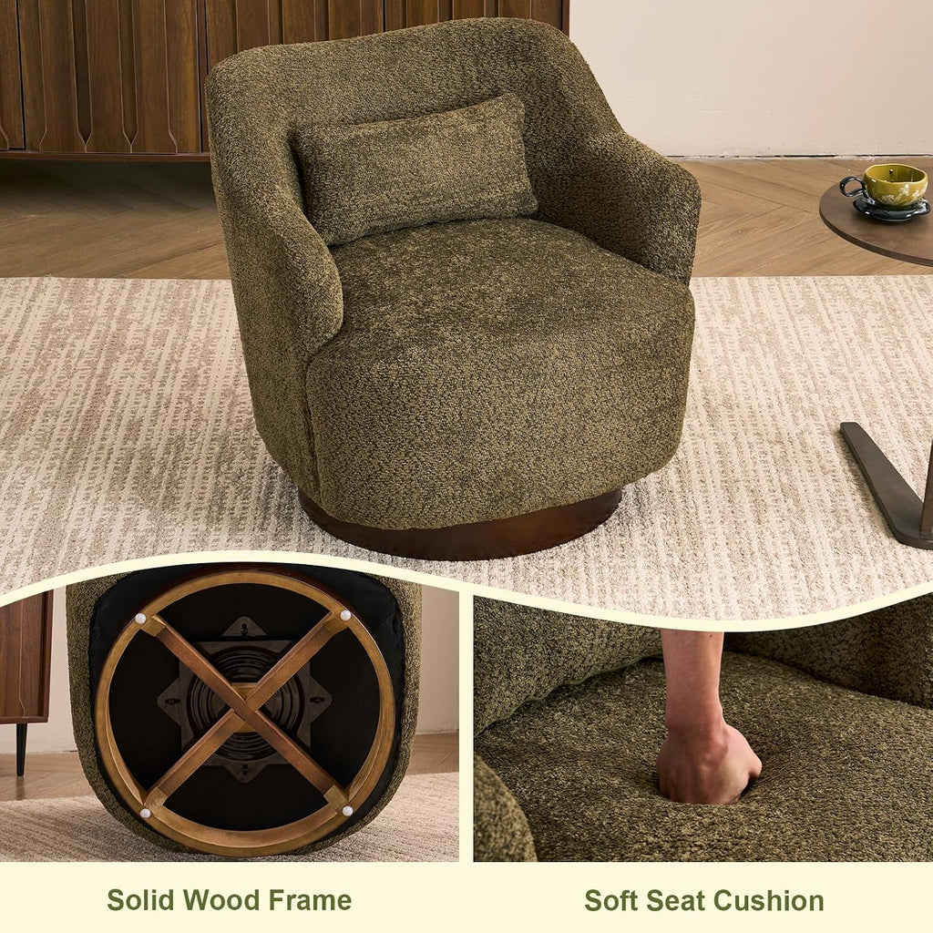 Swivel Accent Chair with Pillow, Solid Wood Base, Olive Green | 360°Swivel Accent Chair, Swivel Barrel Chair, Modern