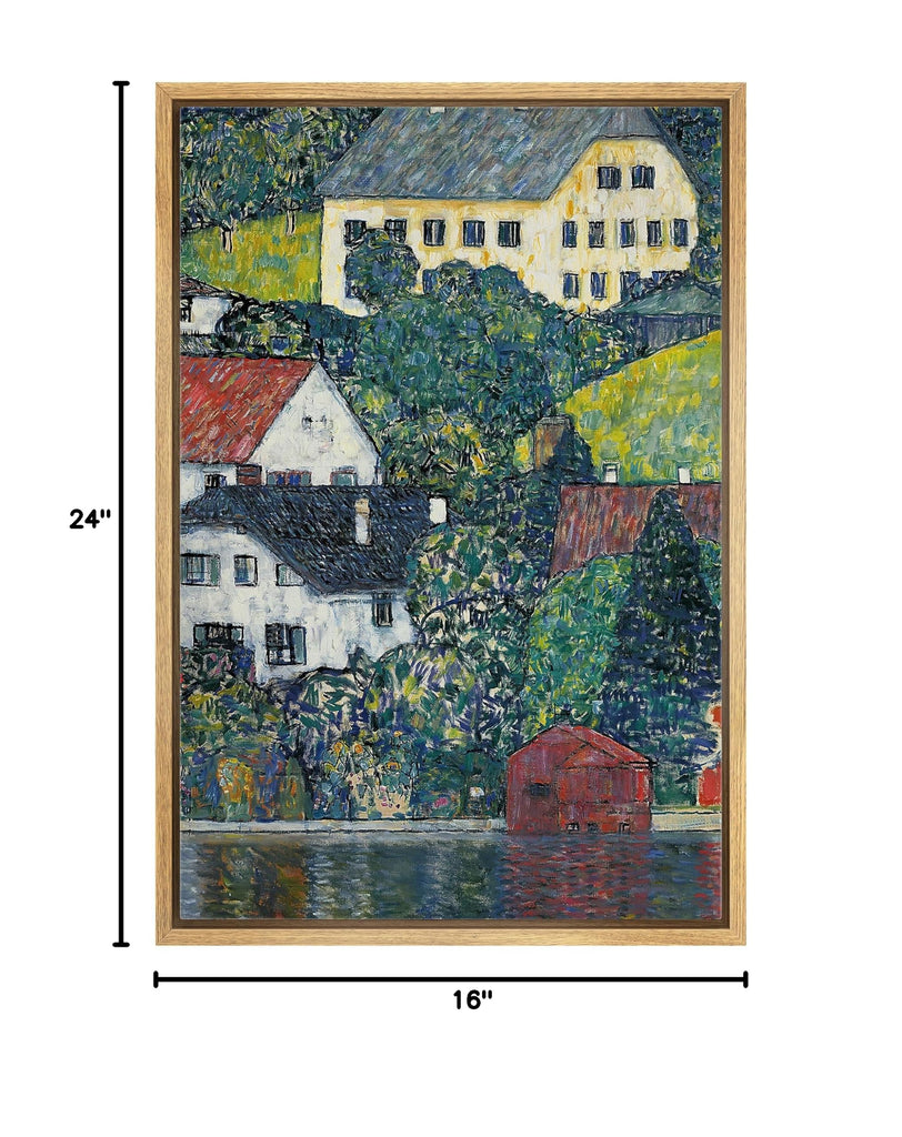 Framed Canvas Print Wall Art Houses at Unterach by Gustav Klimt Nature Wilderness Illustrations Retro Decorative