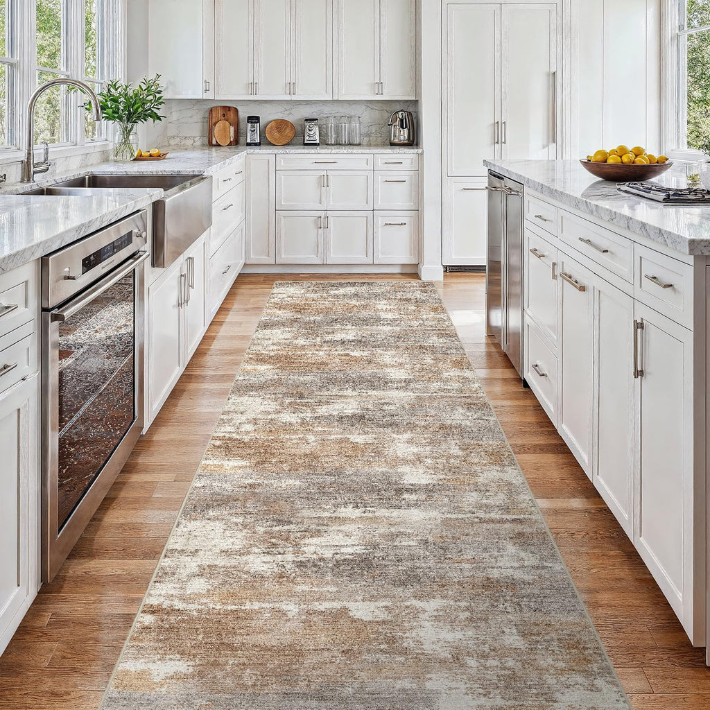 Runner Rug Washable Abstract: Non Slip Hallway Floor Mat Brown/Brick
