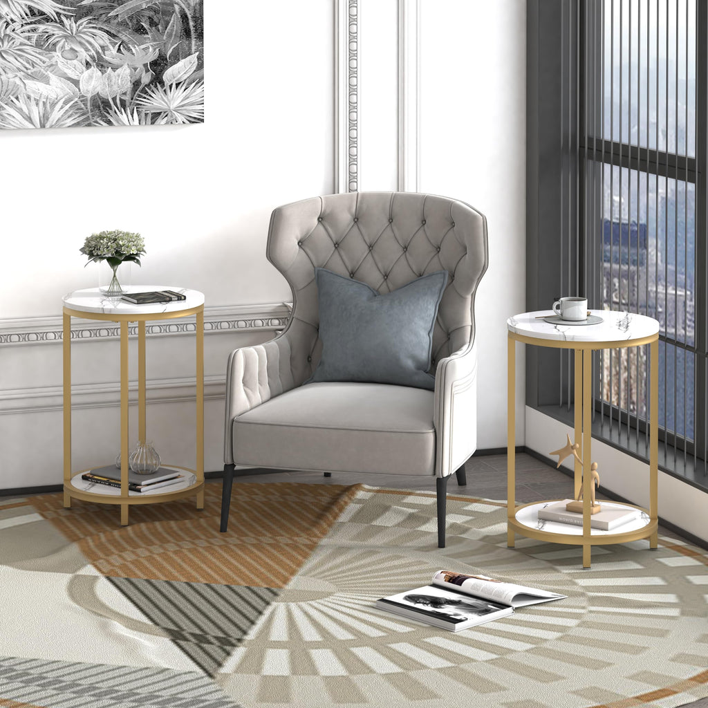 Round Side Table, Modern Nightstand End Table with Gold Metal Frame &Faux Marble Top, Accent Bedside Table Bedroom
