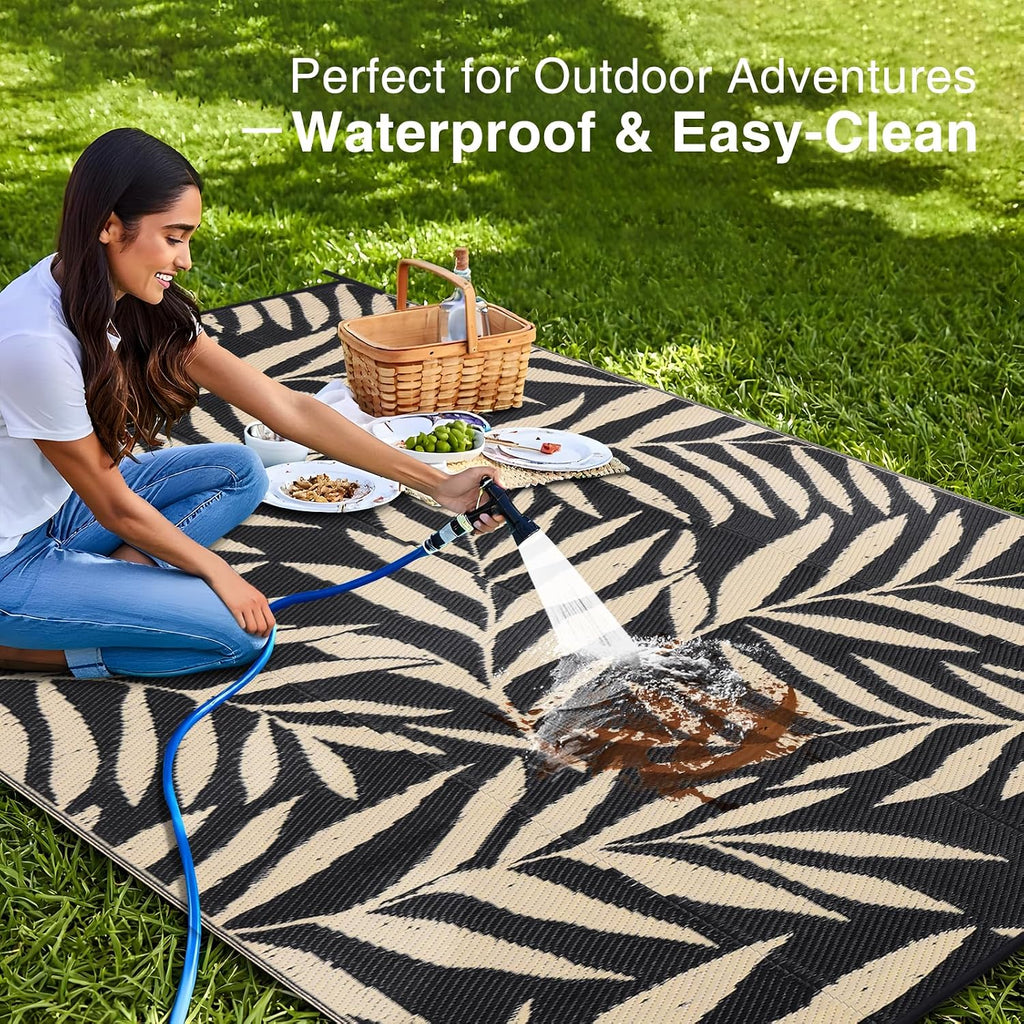 Outdoor Rug Waterproof Reversible Leaf Mat, Black & Beige